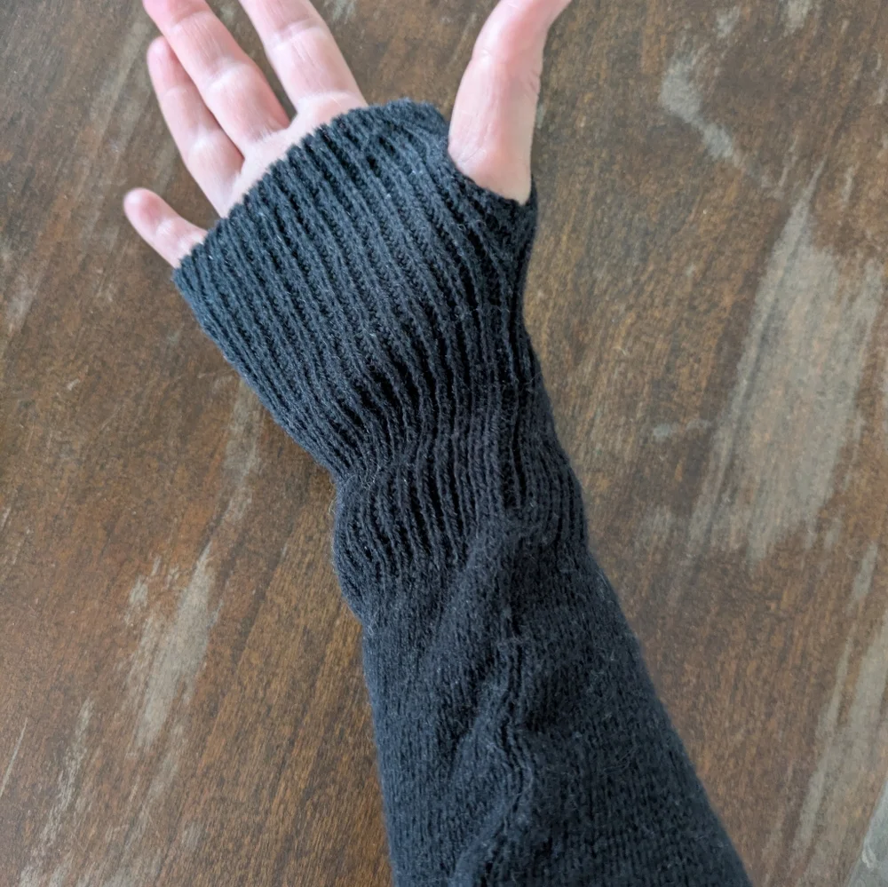 Black Knit Gloves Fingerless‎ Long Wrist Winter Arm Warmer Mitten Cozy Divided
